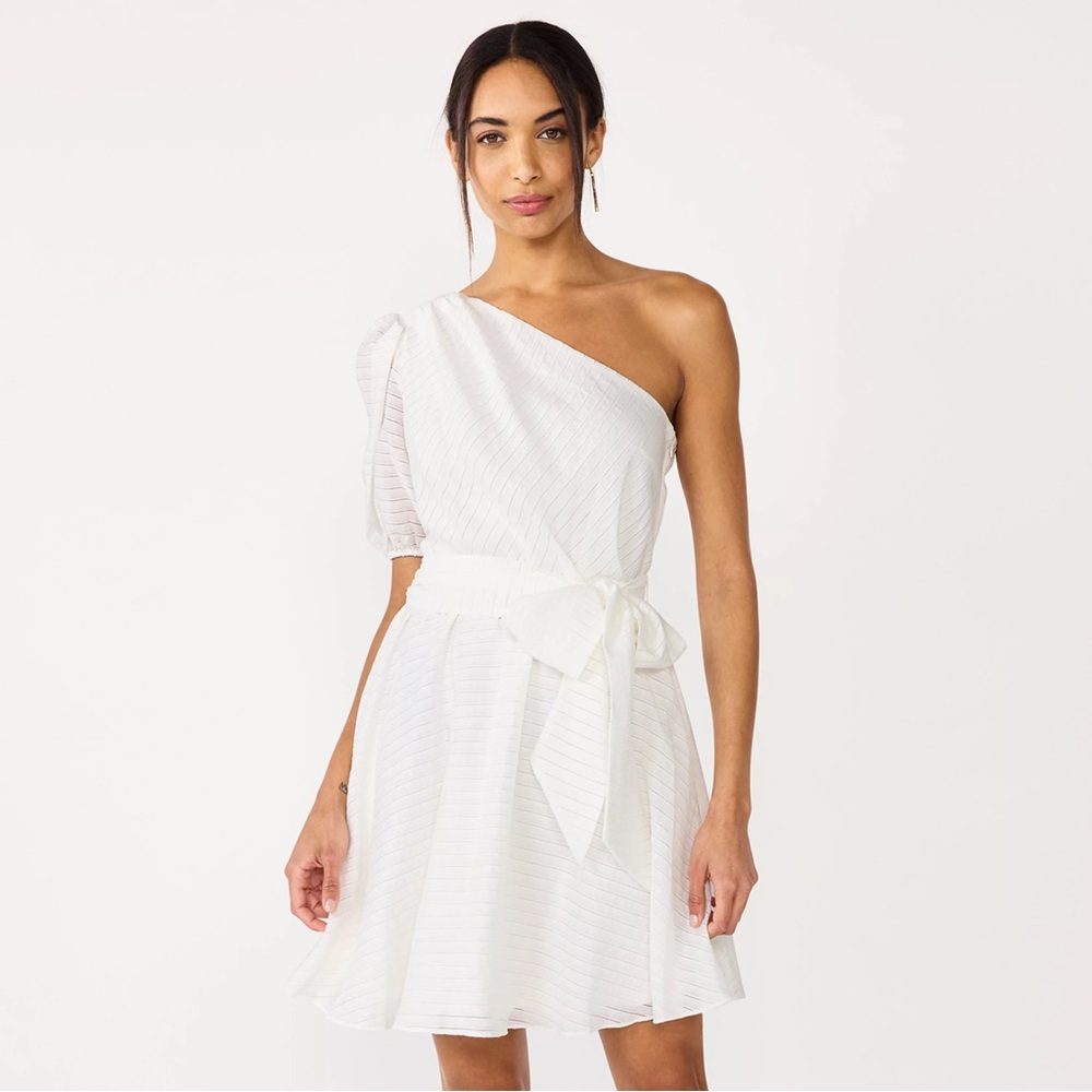 Nine West One Shoulder Belted Fit & Flare Dress Textured White M